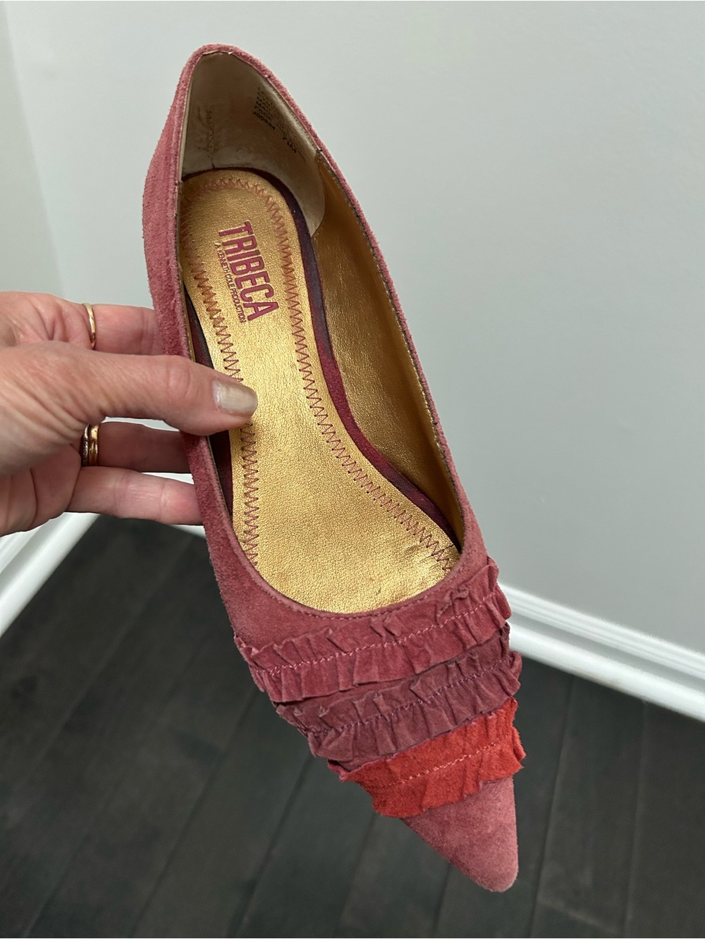 Tribeca by Kenneth Cole Rose Pink Suede Ruffle Pointed Flats